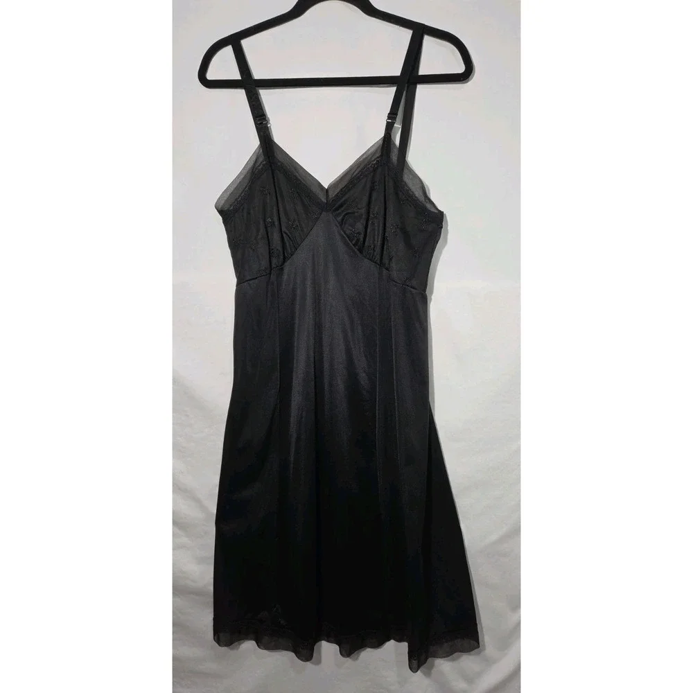 1960s Philmaid Full Slip Dress Womens‎ 38 Black Vintage Embroidered Mesh Trim